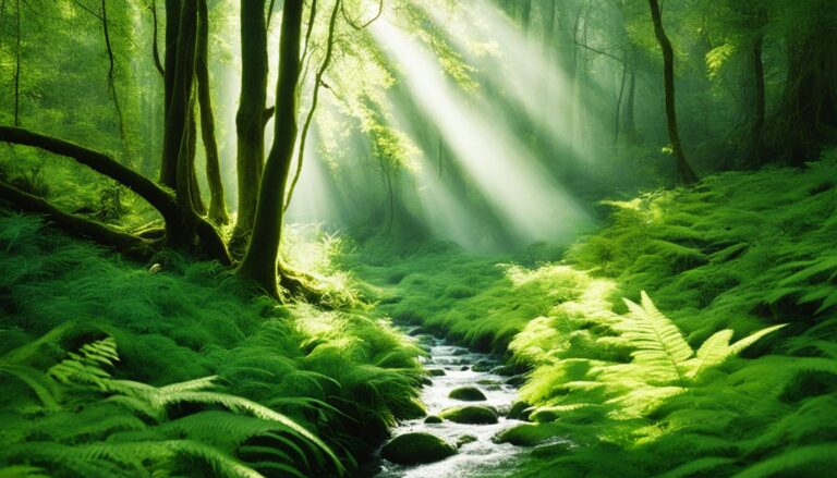 A serene forest scene with dappled sunlight filtering through the trees. A small stream meanders through the image, surrounded by lush green vegetation.