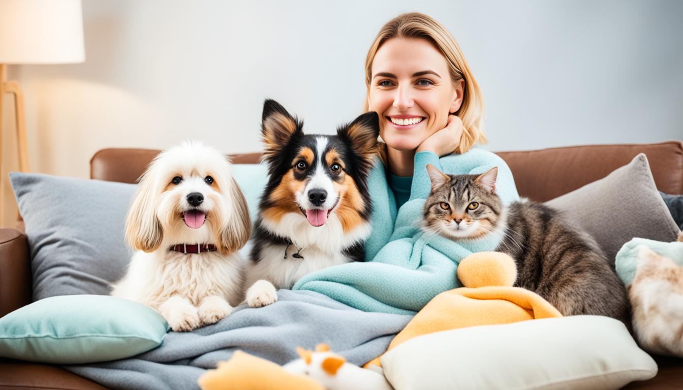 A woman sitting on a sofa with her three pets lying on her lap 