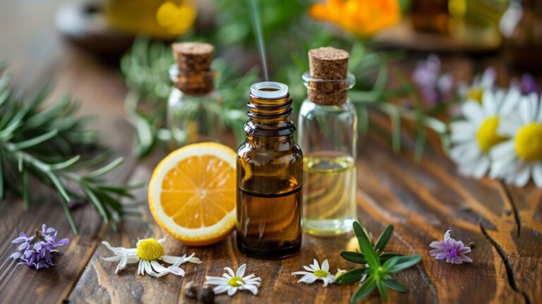 Three bottles of essential oils on a wood table with small flowers and a lemon in the background