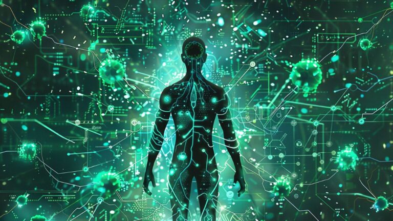 a figure stands at the forefront of a digital landscape, symbolizing the intersection of humanity and cutting-edge technology. This character, an embodiment of the biohacker, is connected to a myriad of bio-technological interfaces – think glowing neural links, a skin that appears subtly infused with digital patterns, and eyes that radiate a keen, enlightened awareness.