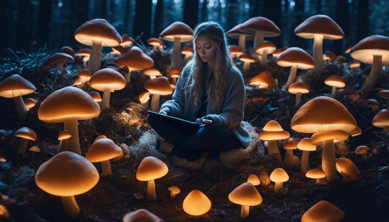 A close up view of various size and types of mushrooms in a forest with a woman sitting in the middle of them.