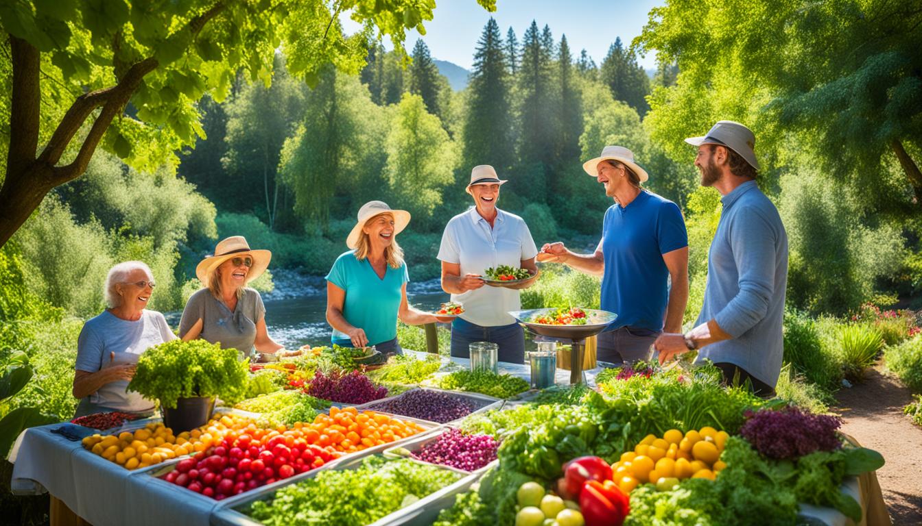 An array of colorful fruits and veggies displayed in bins in an organic farm with people standing around it and smiling