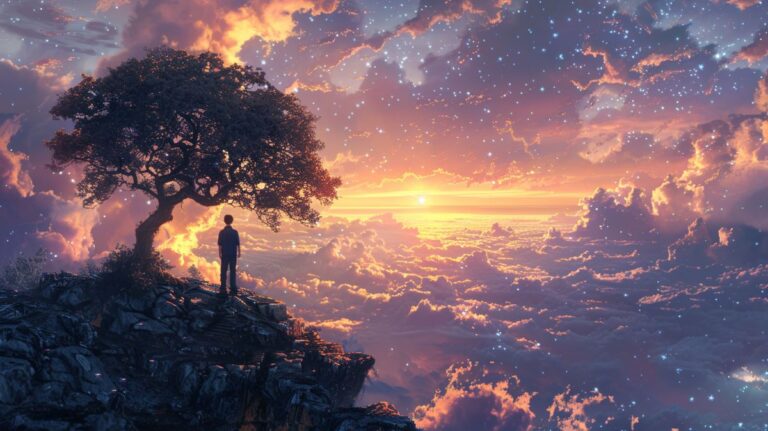 a lone individual standing at the edge of a rocky cliff, gazing at a breathtaking view. Above, the sky is a canvas of star-studded night mixed with the warm hues of a sunset. Clouds meander through the sky, painted with shades of orange, pink, and purple, reflecting the light of the setting sun.