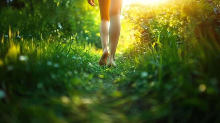 A person walking barefoot on grass and being immersed in nature
