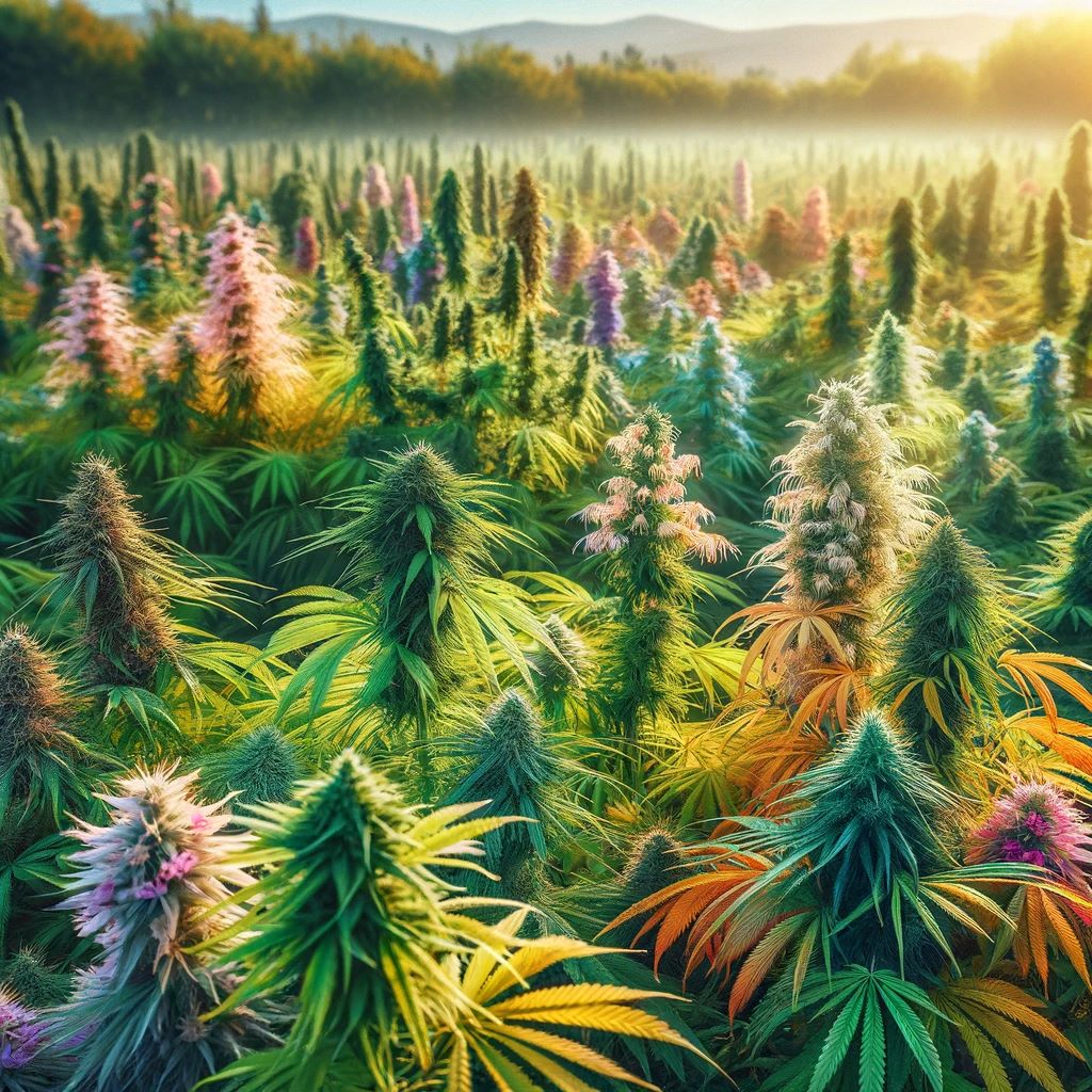 Hemp fields with colorful mature plants