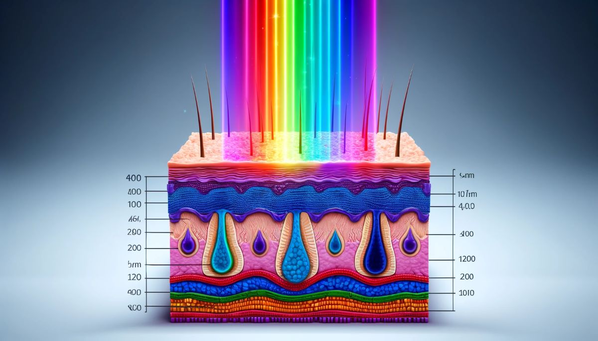 The image illustrates the penetration of various wavelengths of light through the layers of the skin in a cross-sectional view, with a color spectrum representing different wavelengths from 400 nm to 1200 nm.