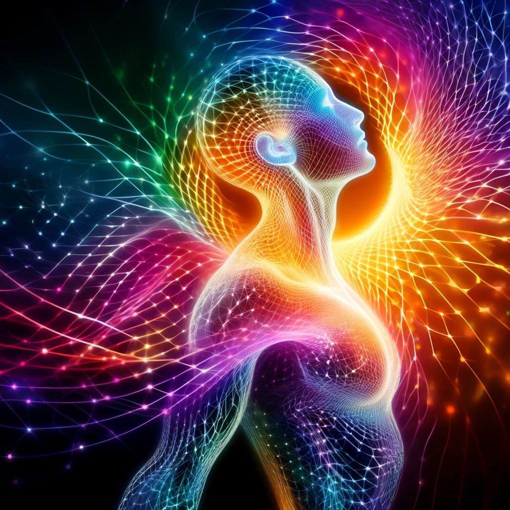 A conceptual representation of a human body with an overlay of a colorful grid or spectrum. It illustrates the idea of bio-energy, light therapy, and a similar concept where various frequencies of light are thought to interact with the body's physiology.