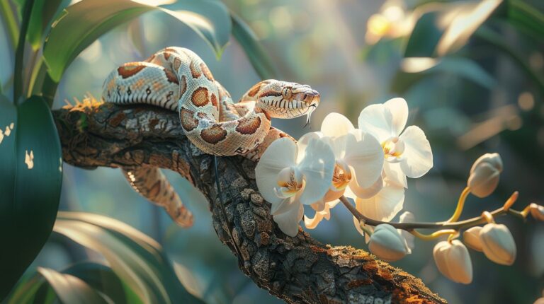 a beautiful white and yellow snake wrapped around a tree limb, white orchids surrounding it.