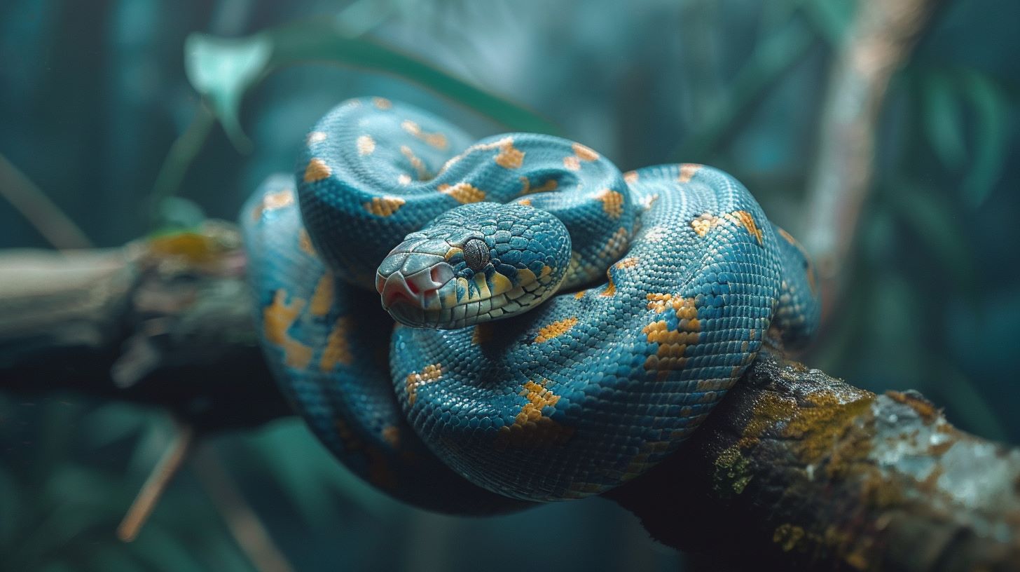 a beautiful blue venomous snake wrapped around a tree limb
