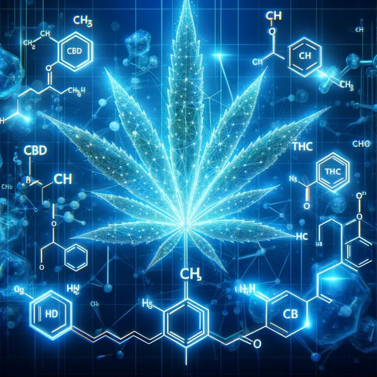 a hemp leaf in blue tones wwith chemical compound symbols around its border.