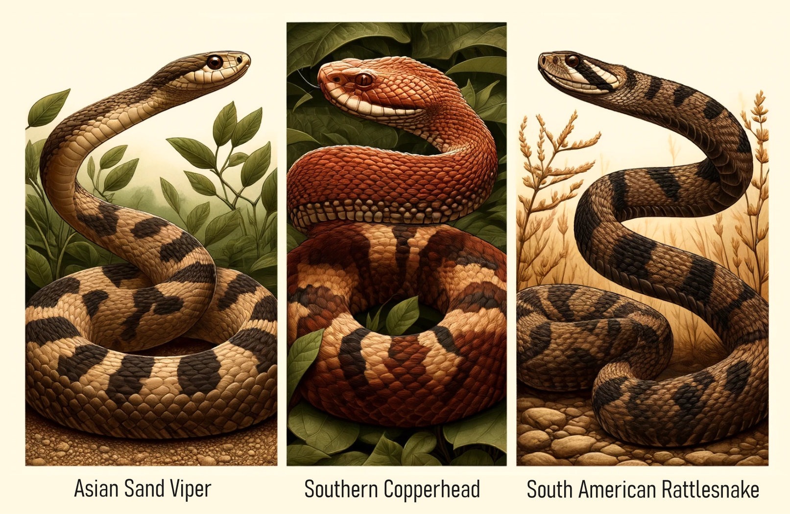 Three venomous snakes each segmented in three panels; Asian Sand Viper, Southern Copperhead, and the South American Rattlesnake.